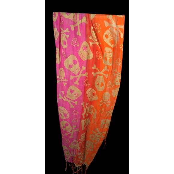 Gothic Voodoo Pink And Orange Skull Print Scarf With Fringe And Bead Accents - Picture 1 of 8